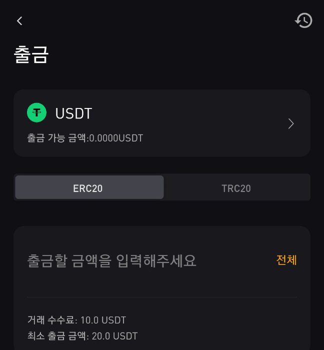 바이비트 USDT 출금 화면, ERC20 및 TRC20 네트워크 선택 가능