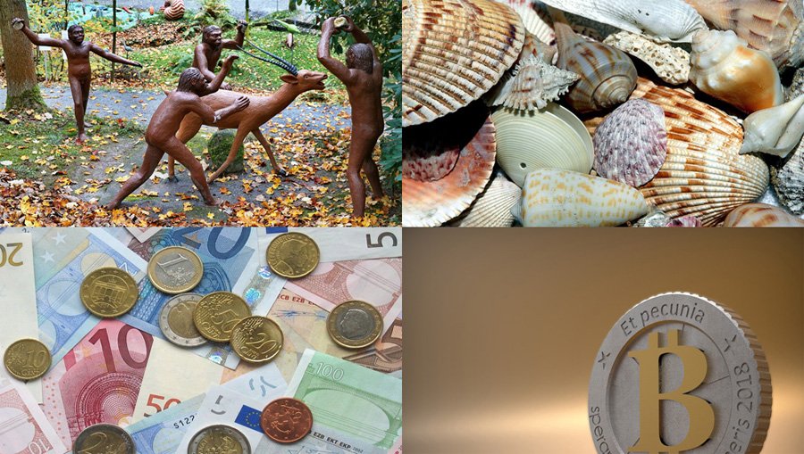 직접 사냥과 물물 교환에서 금속 화폐와 종이 화폐를 거쳐 비트코인으로 이어지는 화폐의 역사 변화 이미지