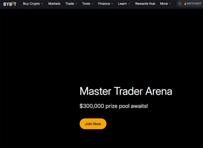 바이비트 홈페이지에서 Master Trader Arena 이벤트와 30만 달러 상금 안내가 표시된 화면