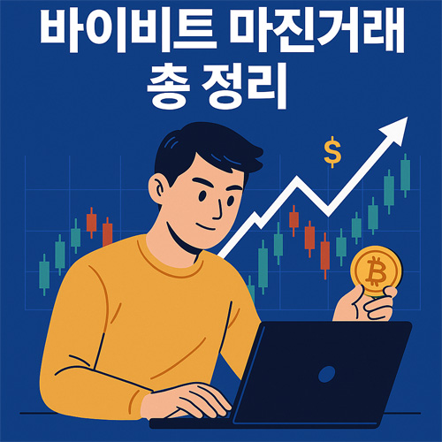 노트북 앞에서 비트코인을 들고 차트를 보며 바이비트 마진거래를 하는 트레이더 일러스트