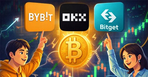 비트코인 선물거래소 추천 이미지로 바이비트 OKX 비트겟 로고와 비트코인 차트가 함께 표현된 일러스트