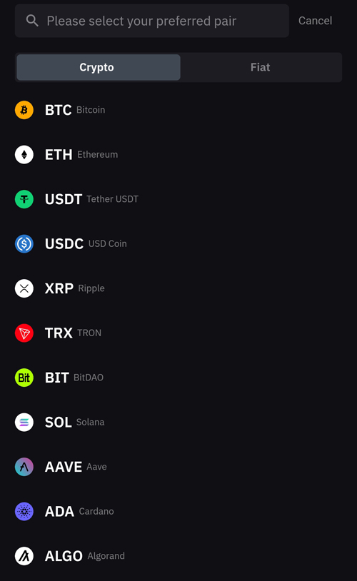 바이비트 암호화폐 입출금 선택 화면, BTC, ETH, USDT, USDC, XRP, TRX 등 주요 코인 표시