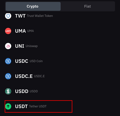 바이비트 암호화폐 선택 화면에서 USDT 테더 선택
