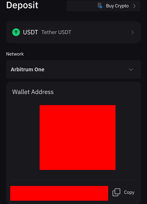 바이비트 USDT 입금 화면에서 네트워크와 지갑 주소 확인
