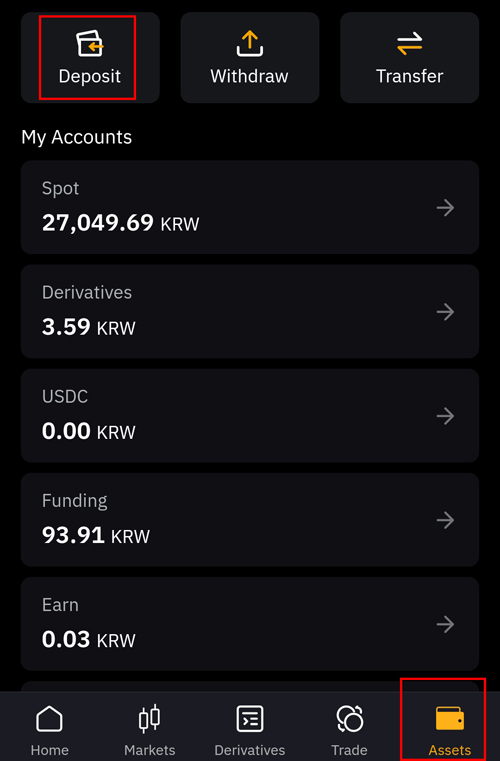 바이비트 자산 관리 화면에서 Deposit, Withdraw, Transfer 메뉴와 계정 잔액 확인