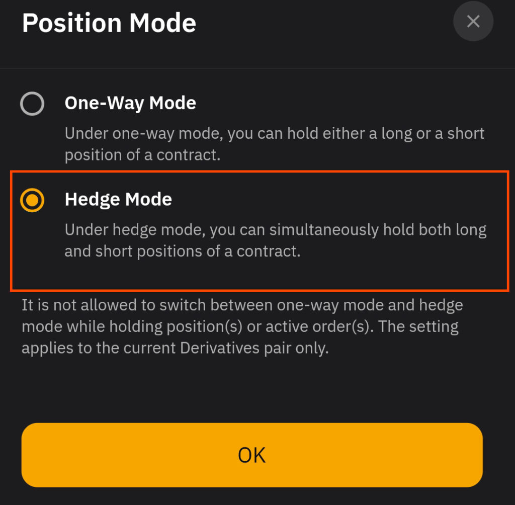 Hedge Mode 선택 (양방향)