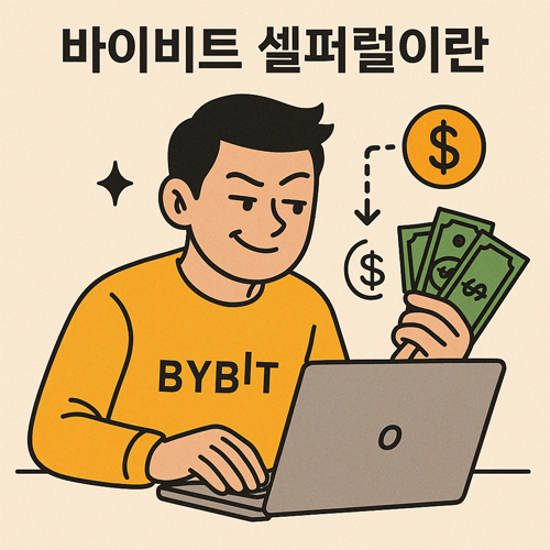 노란색 BYBIT 티셔츠를 입은 남성이 노트북으로 거래하며 한 손에 달러 지폐를 들고 미소 짓는 평면 일러스트, 상단에는 '바이비트 셀퍼럴이란'이라는 텍스트가 표시됨.