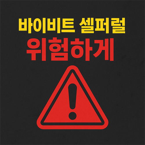 검은 배경에 노란색과 빨간색 글씨로 “바이비트 셀퍼럴 위험하게”라는 경고 메시지가 적힌 이미지, 아래에는 빨간 경고 삼각형 아이콘이 있음