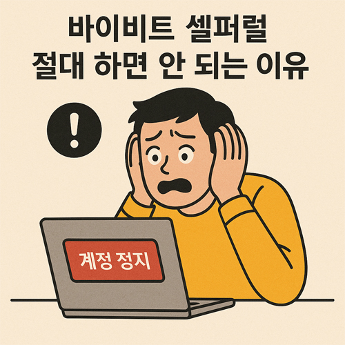 노란 셔츠를 입은 남성이 충격에 빠져 노트북을 바라보는 평면 일러스트, 화면에는 '계정 정지' 문구가 표시됨, 상단에는 '바이비트 셀퍼럴 절대 하면 안 되는 이유'라는 텍스트가 있음.