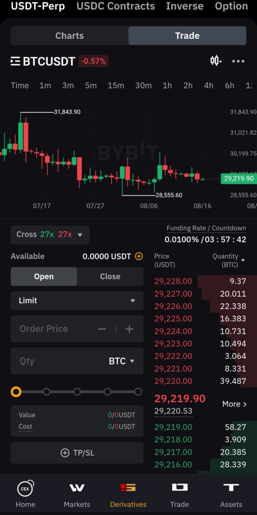 바이비트 모바일 앱에서 비트코인 USDT 무기한 선물 거래 차트와 주문 설정 화면