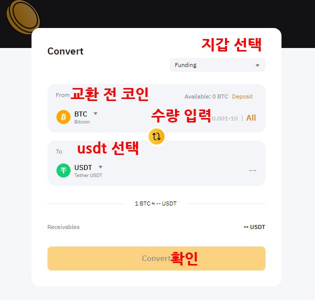 바이비트 Convert 화면에서 비트코인을 USDT로 교환하는 설정 예시