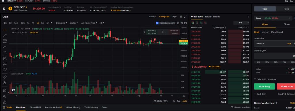바이비트 PC 선물 거래 화면에서 비트코인 USDT 무기한 계약 차트와 숏 주문 버튼이 보이는 모습