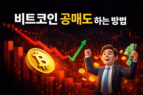 비트코인 공매도 하는 방법이라는 문구가 상단에 표시된 하락장 선물 거래 콘셉트 이미지