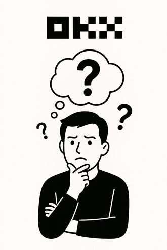 OKX 거래소에 대해 궁금한 사람이 물음표를 바라보는 심플한 일러스트