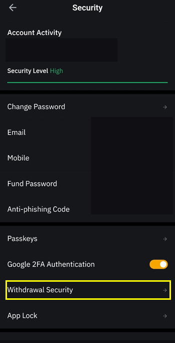 bybit Withdrawal security 메뉴 접속