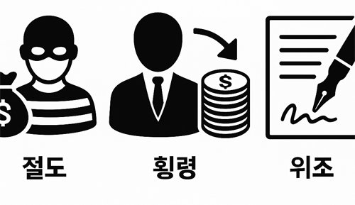 절도, 횡령, 위조를 상징하는 흑백 아이콘: 도둑, 돈을 빼돌리는 정장 남성, 서명 중인 문서