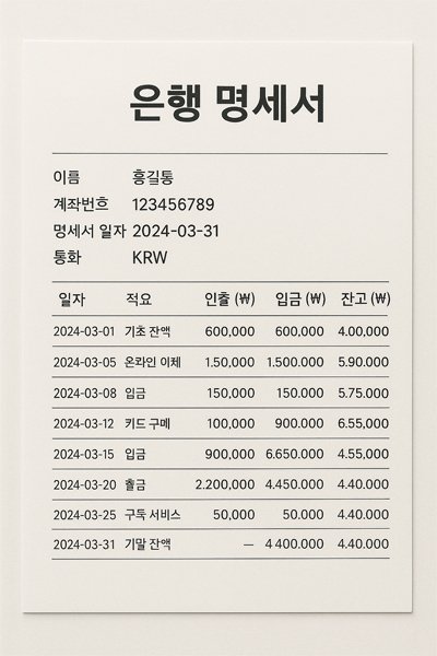 한국어로 된 은행 명세서 이미지, 입출금 내역과 잔고 포함된 표 형식