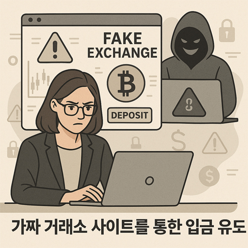 가짜 거래소 사이트를 통한 입금 유도 사기 상황을 묘사한 디지털 일러스트