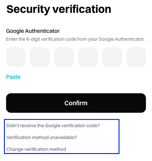 비트겟 Google Authenticator 인증 입력 화면과 인증 방식 변경 옵션