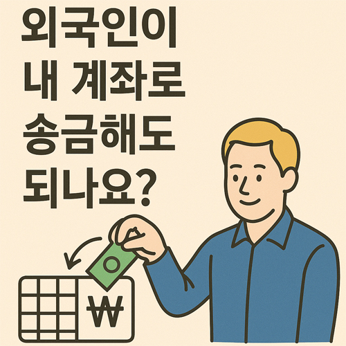 외국인이 한국인의 계좌로 송금하는 장면을 묘사한 일러스트 – 외국인 캐릭터가 원화 계좌에 돈을 입금하는 모습과 질문 문구 포함
