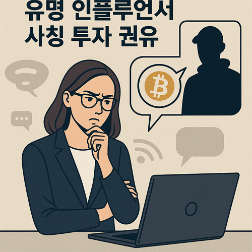 유명 인플루언서를 사칭해 비트코인 투자 권유를 하는 사기 수법을 표현한 디지털 일러스