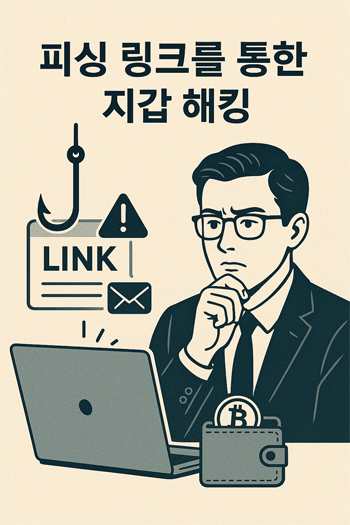 피싱 링크를 클릭해 암호화폐 지갑을 해킹당하는 비트코인 사기 위험을 경고하는 디지털 일러스트