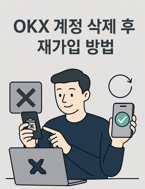 OKX 계정을 삭제한 후 새로 재가입하는 과정을 나타낸 일러스트, 스마트폰 두 개를 들고 있는 남성
