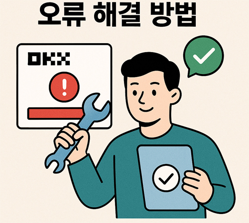 OKX 재가입 오류 해결 방법을 나타내는 일러스트, 오류 메시지와 체크 아이콘 포함