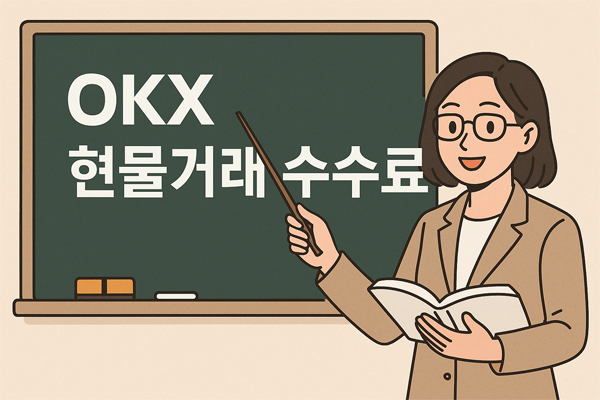 칠판에 'OKX 현물거래 수수료'를 설명하는 여성 선생님 일러스트