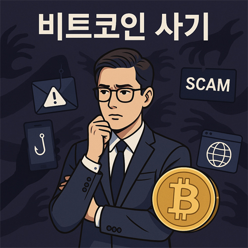 비트코인 사기, 다양한 피싱·가짜 거래소 사기 유형을 경고하는 지적인 일러스트