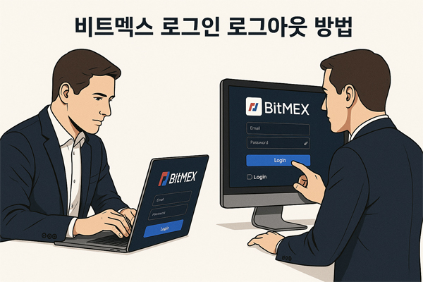 비트멕스 로그인 및 로그아웃 과정을 묘사한 일러스트 – 데스크탑과 노트북에서 각각 로그인 화면이 보임