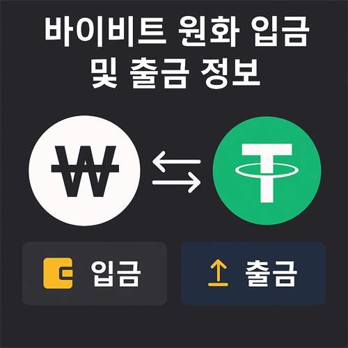바이비트 원화 입금 및 출금 정보 안내 이미지, 원화 기호와 USDT 테더 아이콘, 입금·출금 버튼 포함