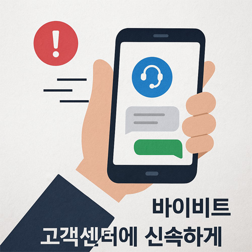 스마트폰을 손에 쥐고 고객센터 채팅창을 열어 빠르게 문의하는 모습을 표현한 디지털 일러스트, 하단에는 '바이비트 고객센터에 신속하게'라는 문구가 적혀 있음