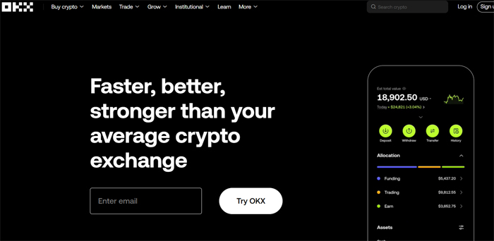 OKX 거래소 홈페이지 메인 화면 – Faster, better, stronger than your average crypto exchange 슬로건과 대시보드