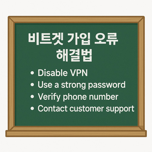 비트겟 가입 오류 해결법을 설명하는 칠판 이미지