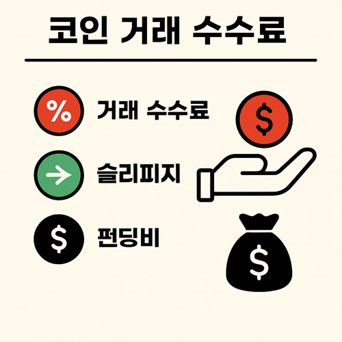 코인 거래 수수료 개념을 보여주는 인포그래픽, 거래 수수료·슬리피지·펀딩비가 지불되는 느낌의 시각화