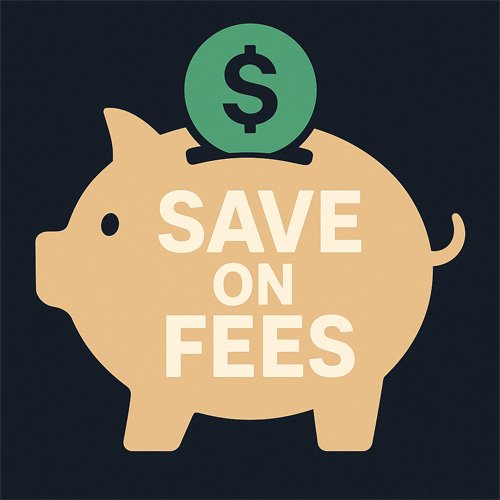 수수료를 절약하는 메시지를 담은 돼지저금통 이미지, 중앙에 SAVE ON FEES 문구가 적혀 있음