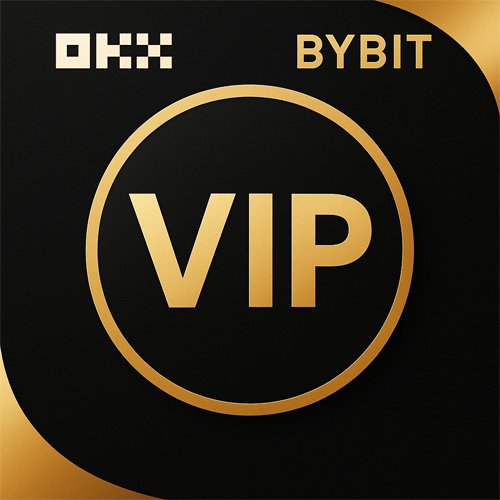 OKX와 바이비트 VIP 트레이더 로고 디자인, 검은 배경에 금색 원형 VIP 문구와 두 거래소 로고가 배치된 이미지