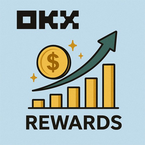 OKX 거래 수익 증가를 상징하는 그래프 일러스트, 상승 화살표와 금색 코인이 함께 있는 이미지