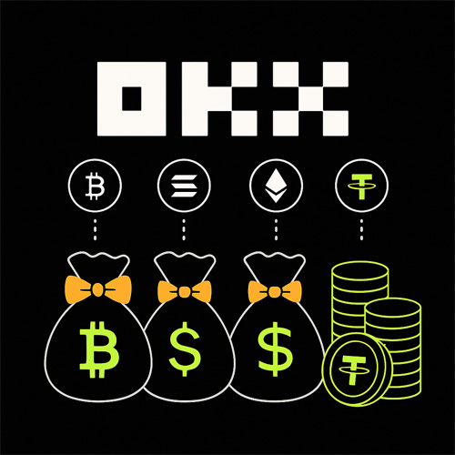 OKX 이벤트 보상 일러스트 – 비트코인, 이더리움, 솔라나, 테더를 상징하는 상금 주머니와 코인 이미지