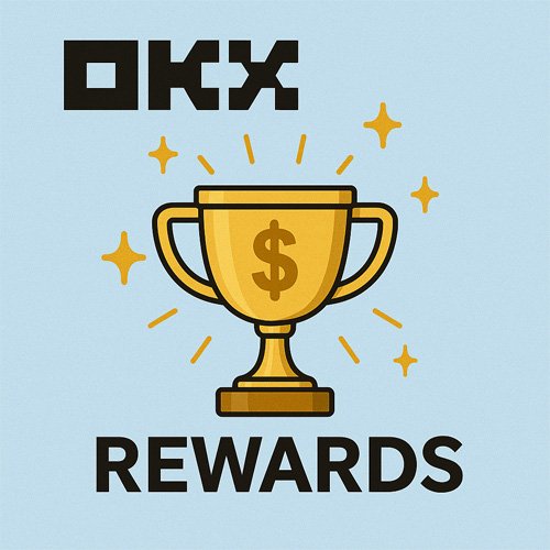 OKX 리워드를 상징하는 트로피 일러스트, 중앙의 금색 트로피에 달러 기호와 반짝이는 별 장식