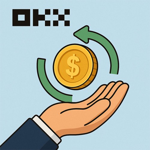 OKX 페이백 개념을 표현한 일러스트로, 손 위에 달러 코인이 있고 초록색 화살표가 되돌아오는 모습