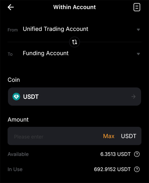 바이비트 앱에서 Unified Trading Account에서 Funding Account로 USDT를 이동하려 할 때 Available과 In Use 잔액이 표시된 화면