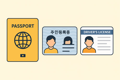 여권, 주민등록증, 운전면허증 세 가지 신분증을 나란히 표현한 일러스트 이미지