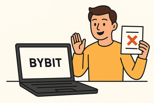 바이비트 탈퇴를 상징하는 일러스트로, 노트북 화면에 BYBIT 로고가 보이고 한 남성이 탈퇴를 의미하는 X 표시가 있는 문서를 들고 있는 모습