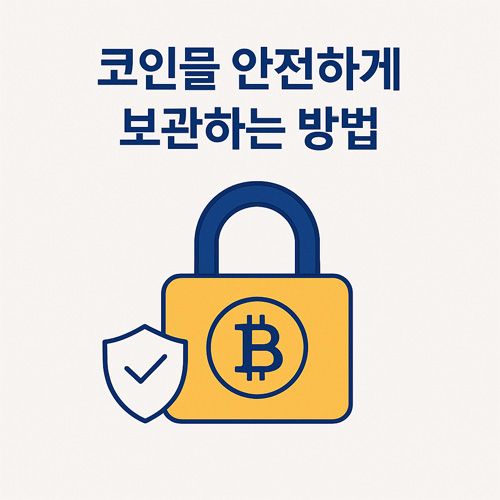 코인을 안전하게 보관하는 개념을 표현한 자물쇠와 비트코인 심볼, 보안 체크 아이콘으로 구성된 일러스트