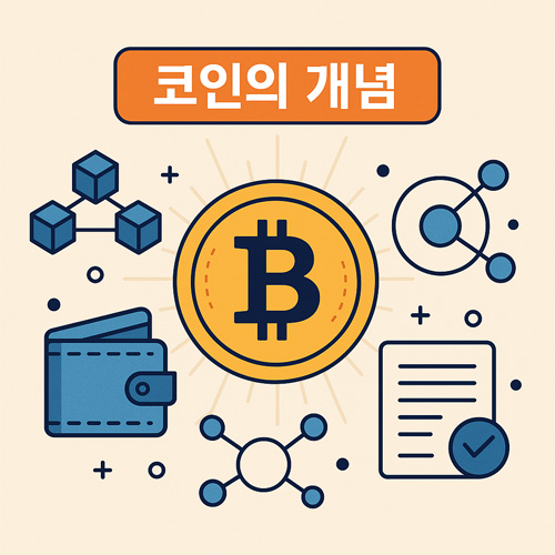 코인의 개념을 표현한 일러스트로 비트코인 심볼과 블록체인, 지갑, 네트워크 아이콘이 함께 배치된 이미지