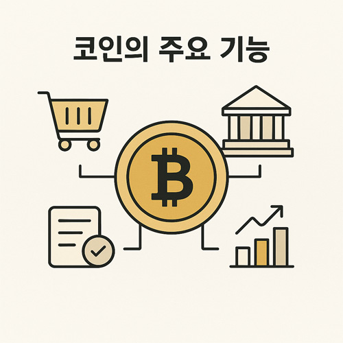 코인의 주요 기능을 상징적으로 표현한 비트코인 중심의 심플한 아이콘형 일러스트